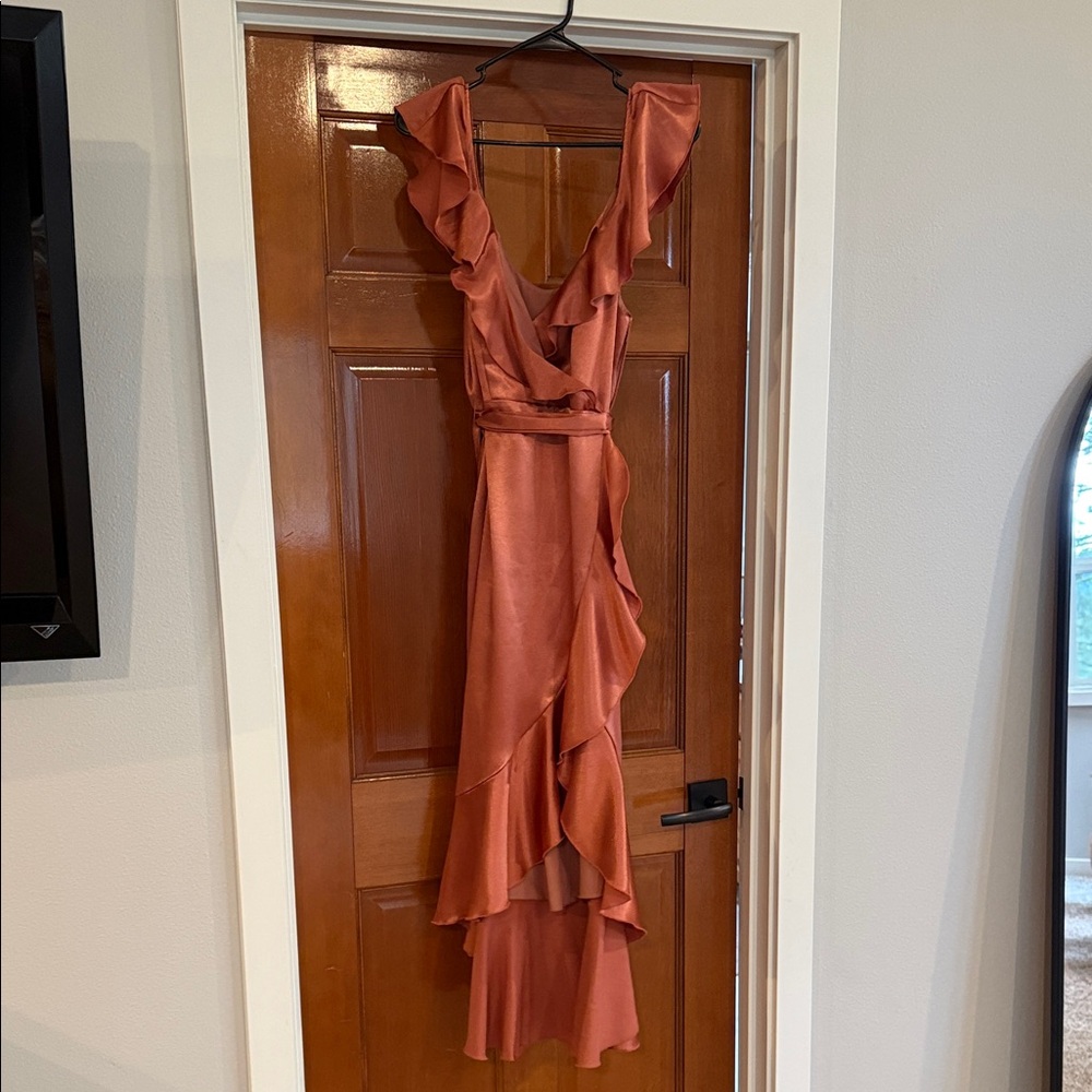 Birdy Grey Rust Satin Ruffled Wrap Dress- Worn Once - Picture 3 of 3